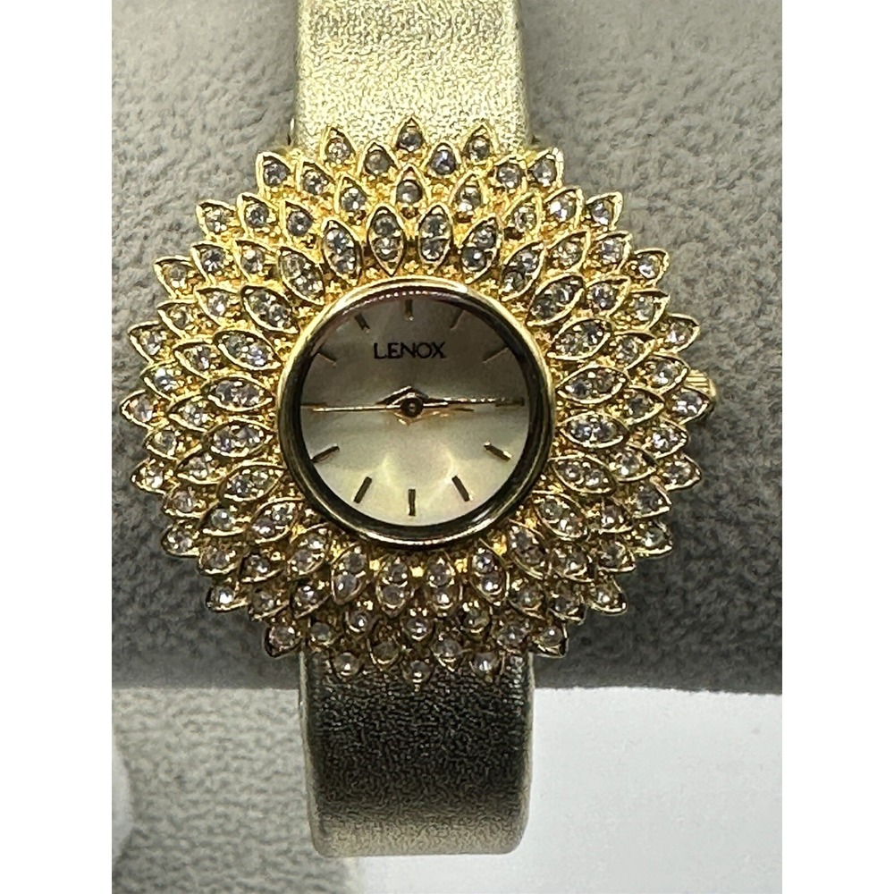 Lenox Womens Cuff‎ Watch Gold Tone New Battery Crystals 32MM Analog 6.5" Rare U